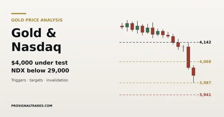 Gold price analysis chart: XAUUSD key levels 4,142, 4,068, 3,987 and 3,941 with Nasdaq 100 below 29,000