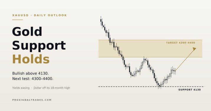 Gold support at 4130 holding on the XAUUSD chart with a projected move toward the 4300-4400 target zone